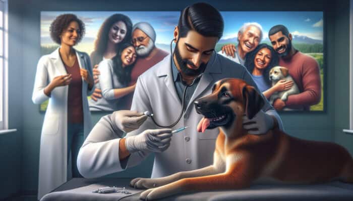 Veterinarian implanting a microchip into a dog, with joyful pet reunions in the background.