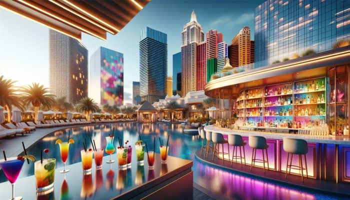 Vibrant poolside bar at The Cosmopolitan showcasing colorful cocktails and stunning views of the Las Vegas Strip.