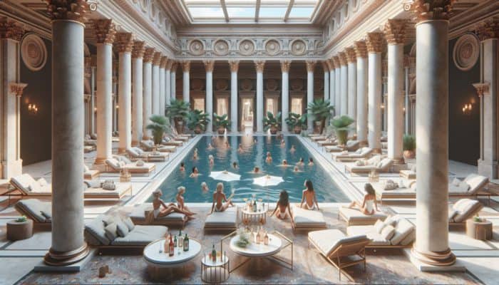 Elegant Roman-inspired pool lounge at Caesars Palace with stylish columns and sunbathers enjoying cocktails.