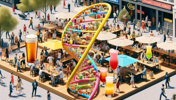 People at Double Helix Town Square enjoying colorful cocktails, local beers, and mocktails at outdoor bars on a sunny day.