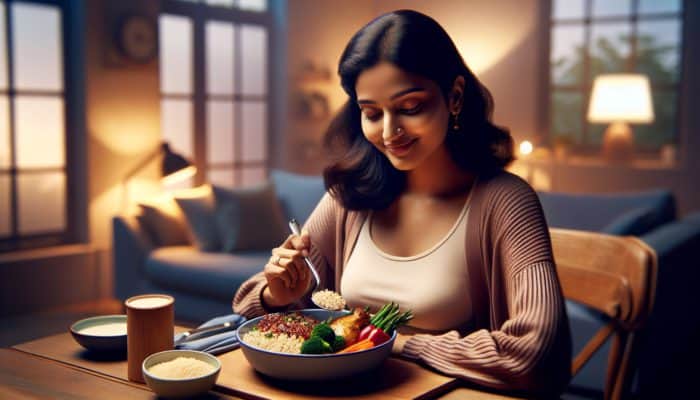 Best Meal Plans for Postpartum Nutrition: A new mother enjoying a protein-rich meal of chicken, quinoa, and vegetables at home.