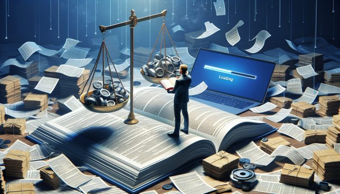 Individual sitting at a desk with financial documents, studying a debt consolidation guide, laptop open to loan application site.