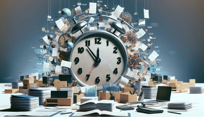 A clock alongside scattered loan documents in a busy UK financial office, illustrating the processing time for debt consolidation loans.