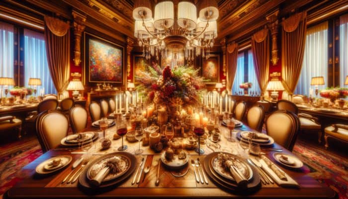 Sophisticated themed dinner table featuring an expertly crafted centerpiece, fine china, and refined lighting in an elegant dining room.