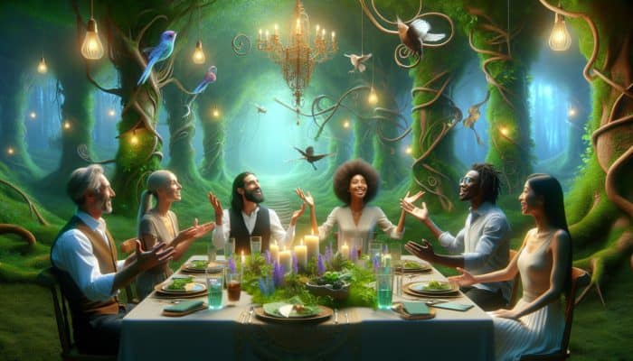 A themed dinner table set in an enchanted forest, with guests engaging and enjoying the immersive environment.