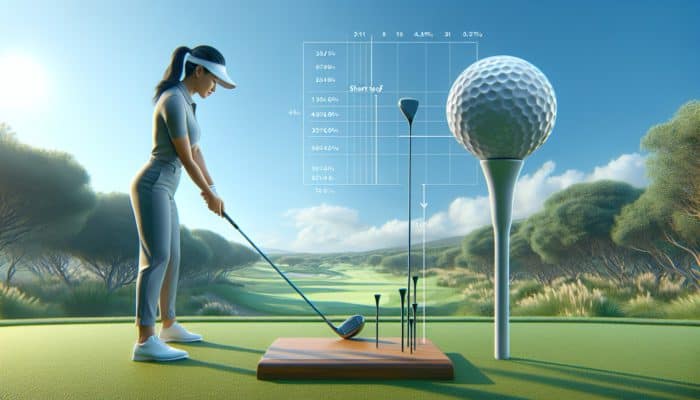 Golfer adjusting tee length on a picturesque South African course, comparing short and tall tees under a clear sky.