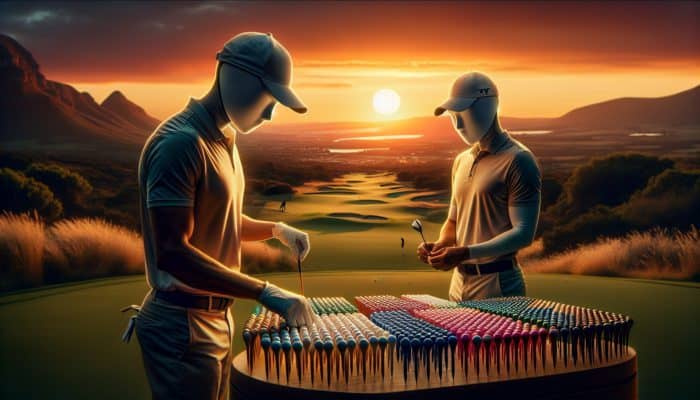Ernie Els and Louis Oosthuizen selecting wooden tees at sunset on a breathtaking South African golf course.