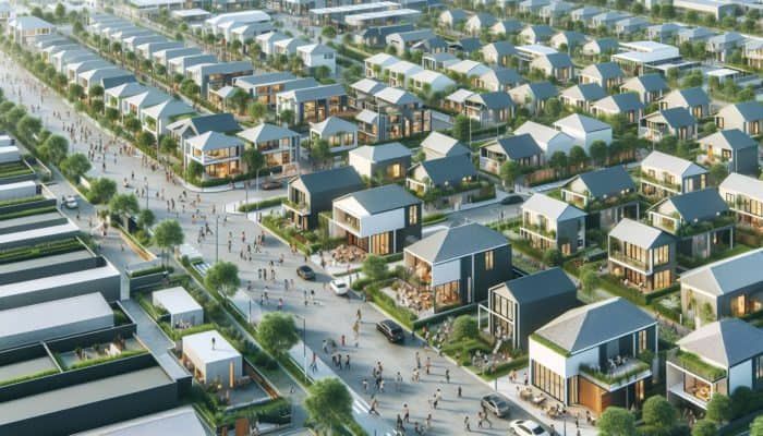 Aerial view of a vibrant neighborhood featuring modern entry-level homes and lush green spaces.