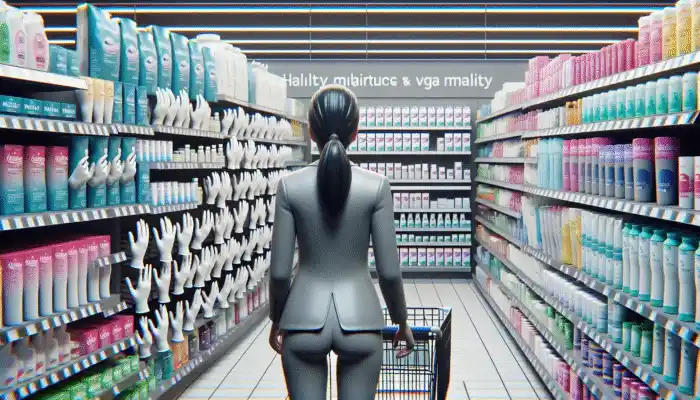 A shopper examines a variety of sizes and brands of nitrile gloves available in a supermarket aisle.