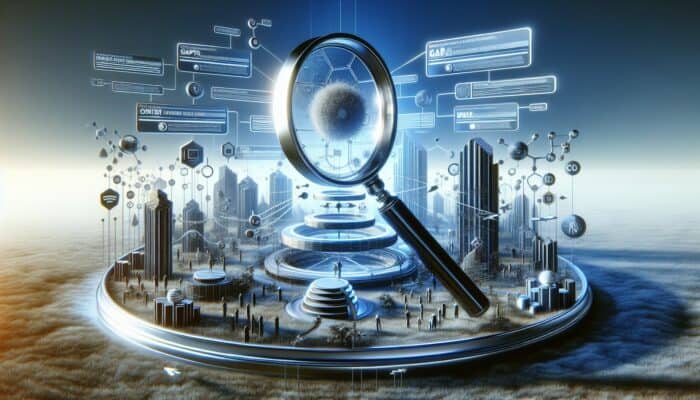 A magnifying glass highlights gaps in a content web, surrounded by competitor sites and a target audience, symbolising content gap analysis for SEO enhancement.