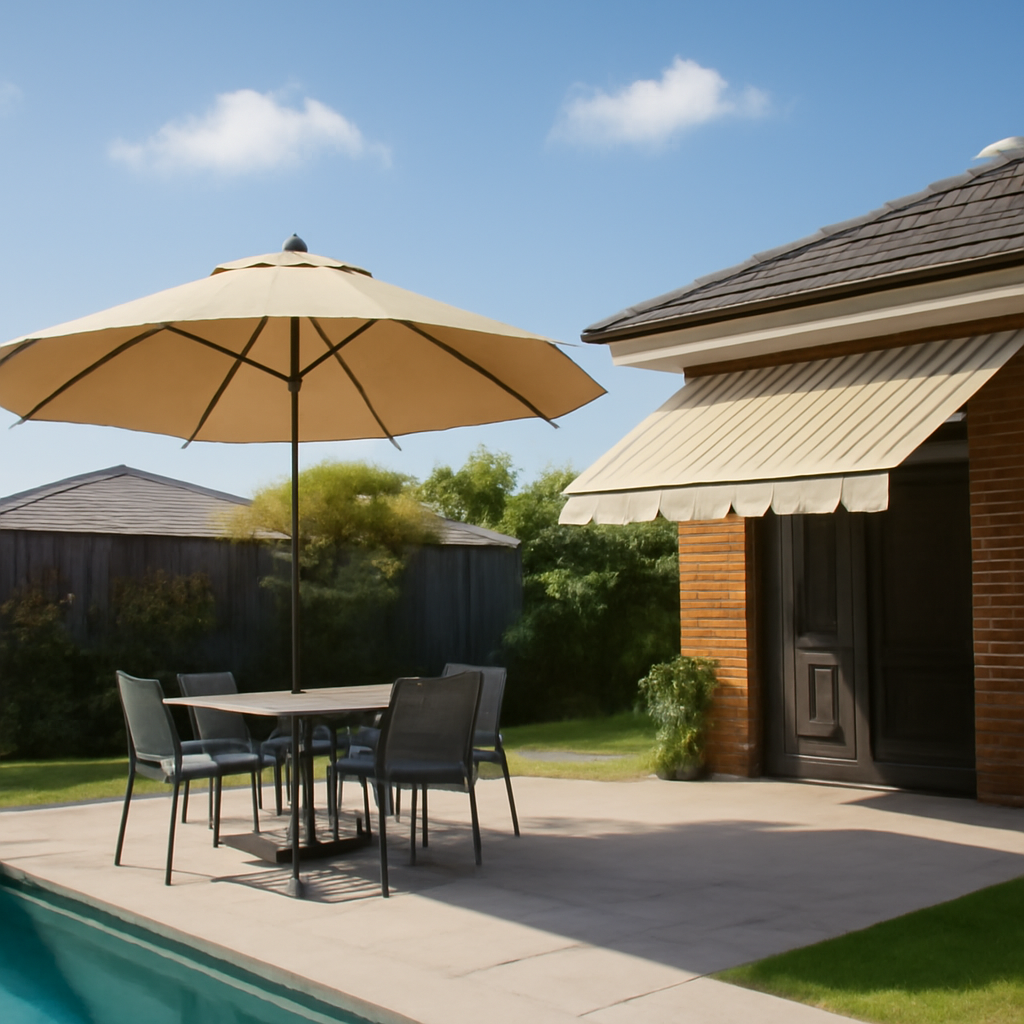 Illustration for flexible freestanding shade solutions: umbrellas and retractable awnings related to Brisbane backyard shade options
