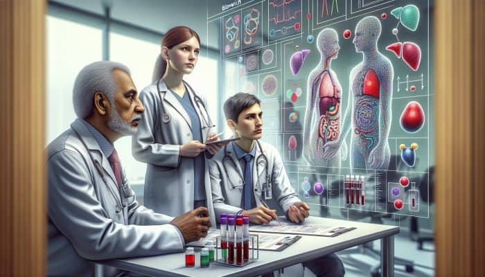 A medical illustration showcasing liver blood testing in a modern Bloxwich clinic, featuring experts and advanced equipment.