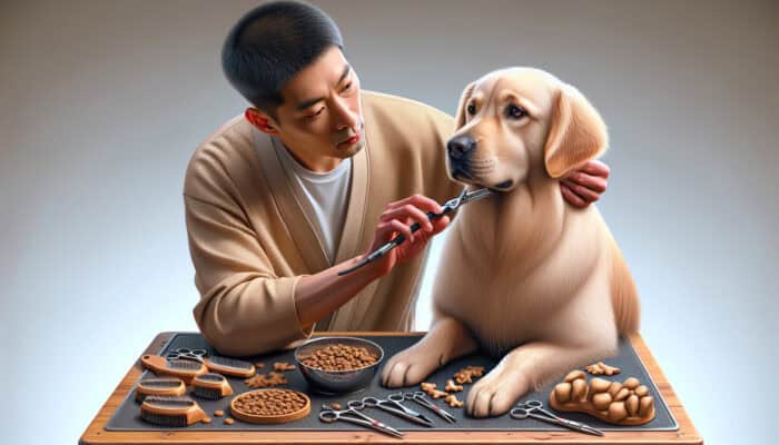 A focused groomer carefully trimming a calm dog using fur trimming tools, with treats positioned nearby for encouragement.