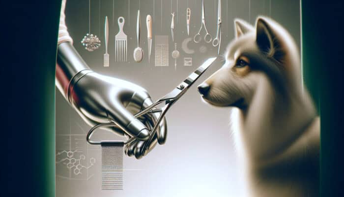 A serene grooming session featuring a calm pet using appropriate, well-maintained fur trimming tools in a peaceful, familiar environment.