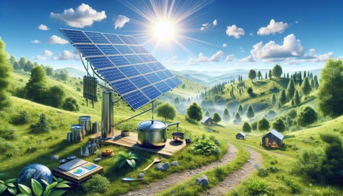How to Cook with Solar-Powered Appliances: A solar cooker on a sunny hillside cooking stew, surrounded by greenery and a clear sky, symbolising sustainability.