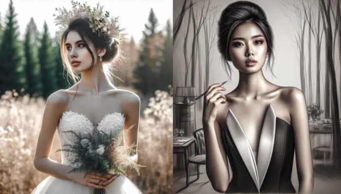 A bride with a loose, romantic updo adorned with wildflowers for a rustic wedding, contrasted by another with a sleek chignon for a formal event.