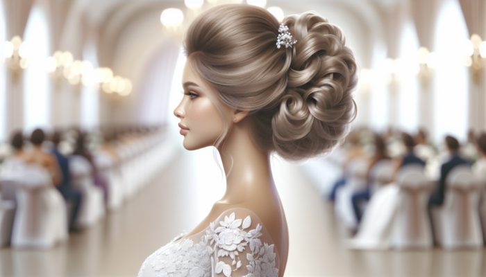 A bride with an elegant updo, styled with high-quality products, maintaining its beauty from morning to evening at her wedding.