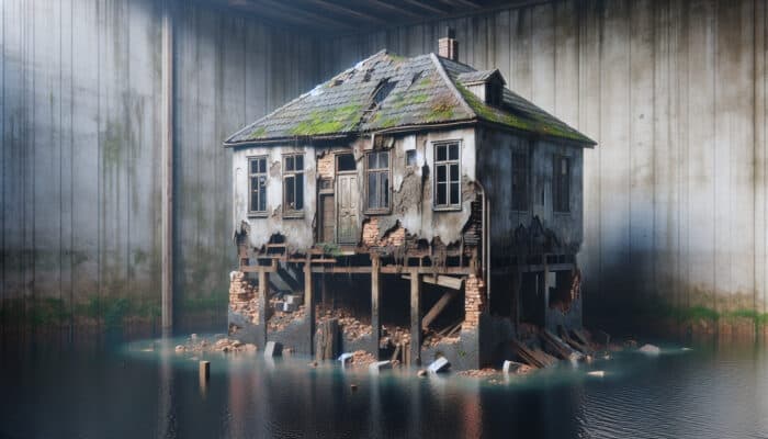 Drainage Repair Services in Ladner Delta: A dilapidated house with structural damage and mold due to neglected drainage, surrounded by stagnant water and crumbling foundation.