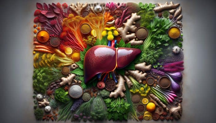 A vibrant array of detox herbs surrounding a glowing liver, symbolising health and wellness.