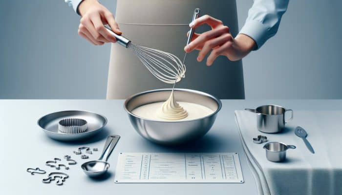 Person using a balloon whisk in a chilled metal bowl to whip cream, with a spatula, measuring cup, and towel arranged on a kitchen counter.