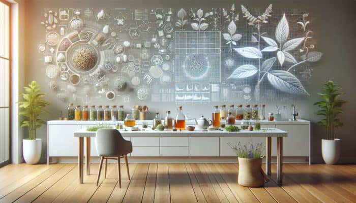 A well-organized kitchen counter decorated with herbs, glass jars, and a teapot for crafting herbal remedies.