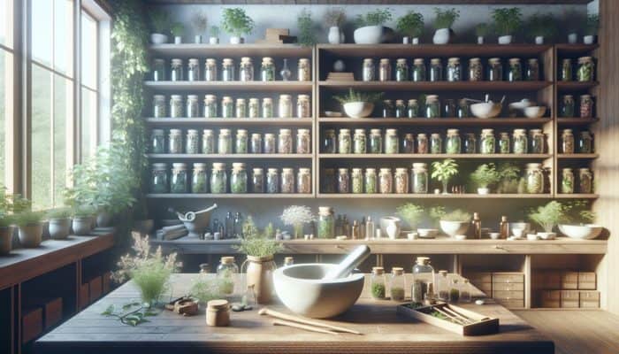 A tranquil apothecary filled with organized jars of herbs, a mortar and pestle, and bright natural light.