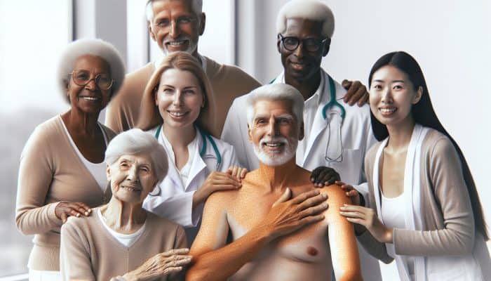 Elderly individuals with darker skin tones indoors at risk of vitamin D deficiency, seeking a health check.