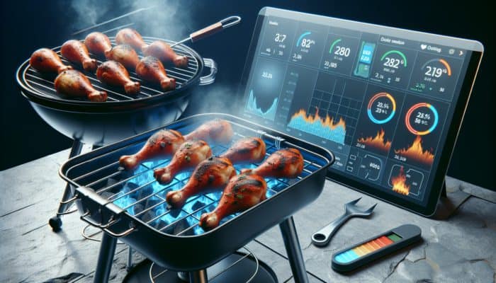 BBQ chicken drumsticks grilling on a dual-zone barbecue, achieving a juicy interior and crispy exterior, with a meat thermometer.