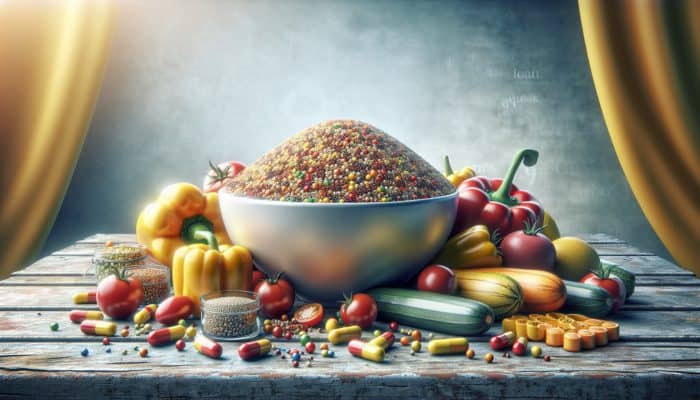 A vibrant bowl of quinoa with colourful vegetables on a rustic wooden table.