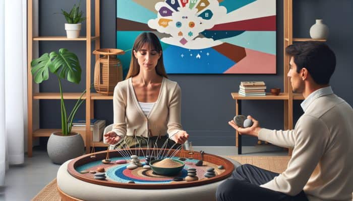 Dialectical Behaviour Therapy Explained: A therapy session focused on DBT, demonstrating emotional regulation and mindfulness with visual aids for skills.