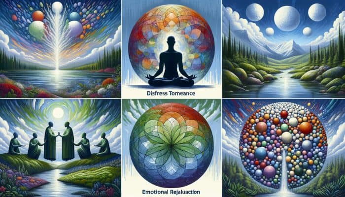 Illustration of four DBT modules: mindfulness, distress tolerance, emotion regulation, and interpersonal effectiveness.