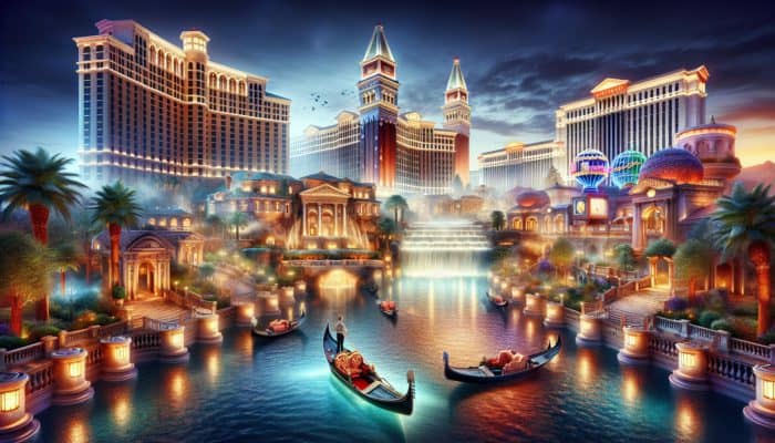 Enjoying Luxurious Las Vegas Hotels Without Gambling: A lavish scene featuring the Bellagio's dancing fountains, Wynn's stunning architecture, and gondola rides at The Venetian under vibrant neon lights.