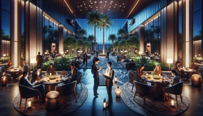 A serene Las Vegas hotel lobby at dusk, featuring guests dining and checking in with smartphones.