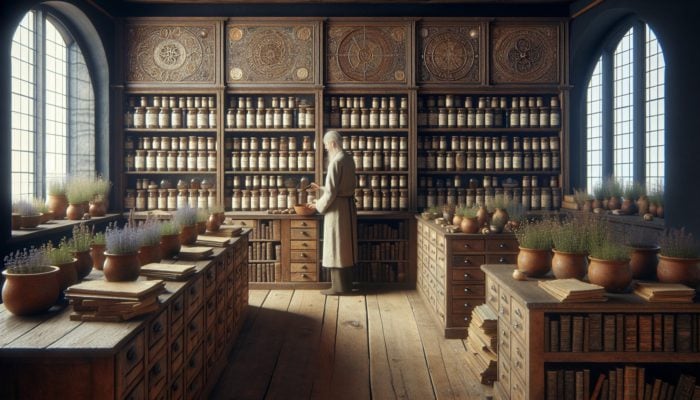 An elderly herbalist in a traditional British apothecary preparing an infusion with thyme, chamomile, and mint amidst ancient texts and symbols.