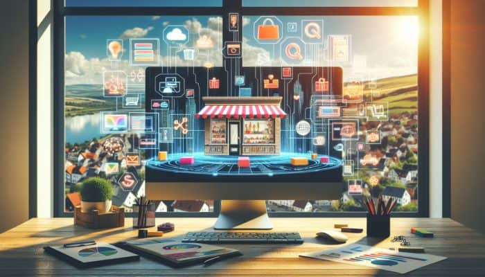 WooCommerce Store Setup in Keynsham for Small Business: A computer screen displaying an online store with various products, payment options, and shipping choices, set against Keynsham's townscape.