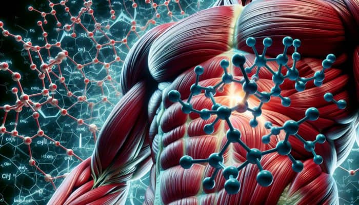 Detailed molecular structures of leucine, isoleucine, and valine on muscular tissue, representing athletic enhancement.