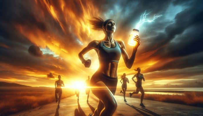 Endurance athlete participating in a marathon at sunrise, showcasing a glowing BCAA bottle for improved stamina and recovery.