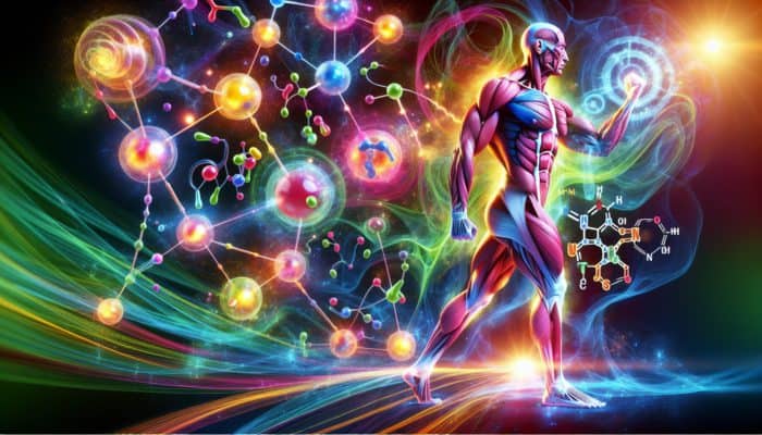 Illustration depicting BCAAs stimulating muscle protein synthesis in an athlete, emphasizing leucine and mTOR pathway activation.