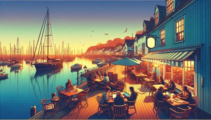 A peaceful Weymouth harbor at sunset, with experts writing blogs in a cozy café.