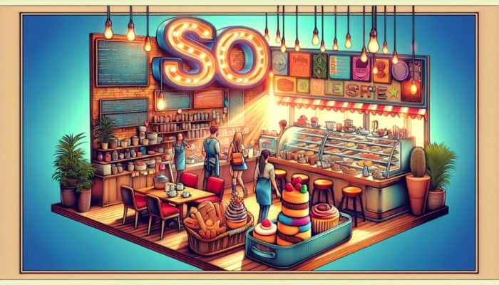 A bustling Weymouth coffee shop showcasing a "Best Pastries in Weymouth" sign, attracting locals and tourists, with SEO keywords prominently featured in decor and menu.