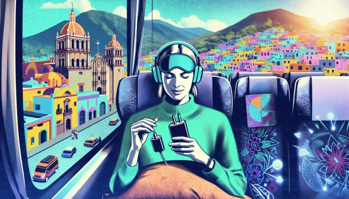 Traveler using travel pillow, eye mask, earplugs on bus, holding power adapter and bank, San Miguel de Allende backdrop.