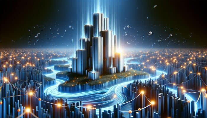 Luminous pillars symbolising cornerstone content amidst swirling data streams and glowing backlinks.