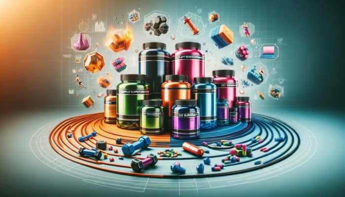 Colorful fat-burning supplement bottles and capsules surrounded by scientific diagrams and expert testimonials on a fitness-themed background.