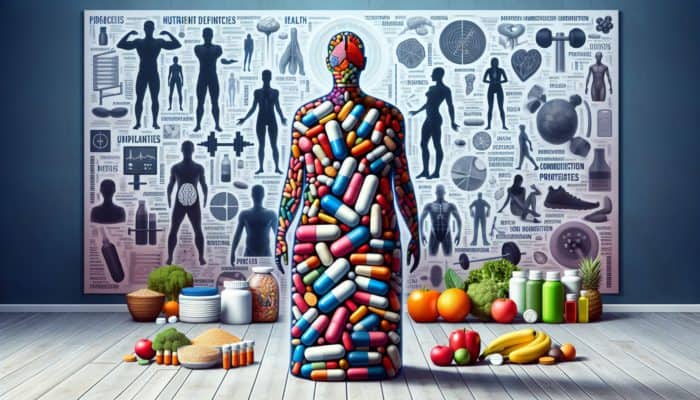 Silhouette filled with pills, surrounded by shadowy figures, set against a backdrop of diet and exercise themes.