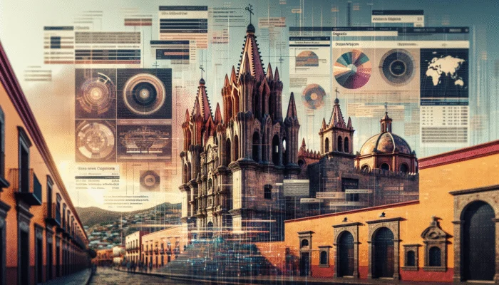 17th-century Mexican cathedral in San Miguel de Allende with Spanish colonial architecture and intricate stone carvings.