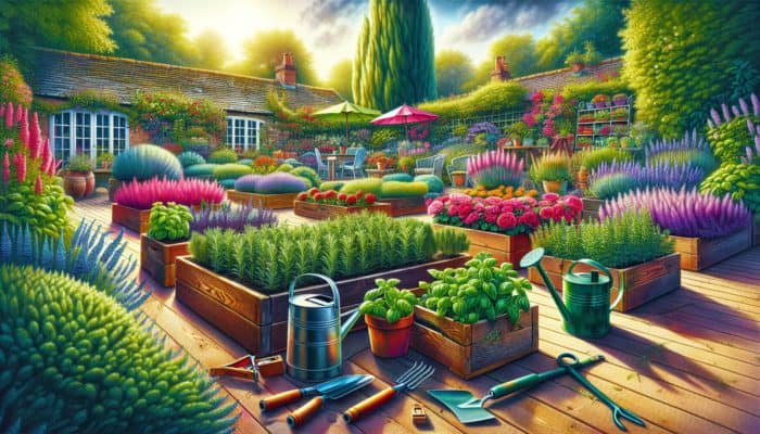 A lush UK garden featuring beds of rosemary, basil, and mint, surrounded by gardening tools in a sunny environment.