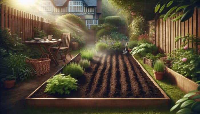Rich, dark UK soil mixed with compost, raked smooth, ready for herb planting under gentle sunlight.