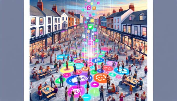 Content Creation in Calne for Small Business: A vibrant town square in Calne with locals interacting with digital displays showcasing diverse content that reflects the town's culture.