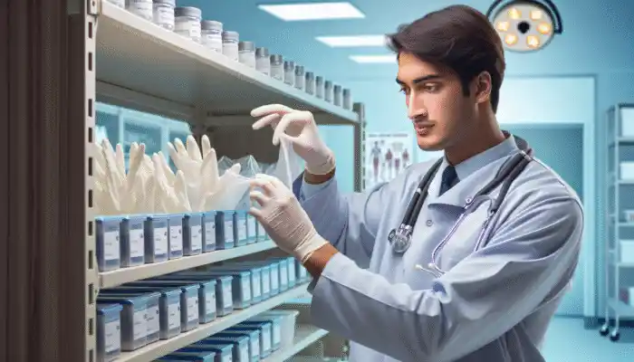 A medical professional in Bedford evaluating sterile glove boxes on a hospital shelf.