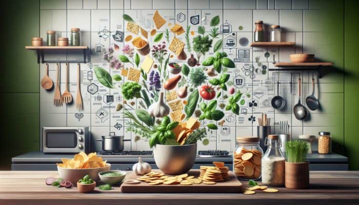 A kitchen scene featuring herbs like basil, rosemary, and thyme mixed into snacks, illustrating a healthy snacking guide.